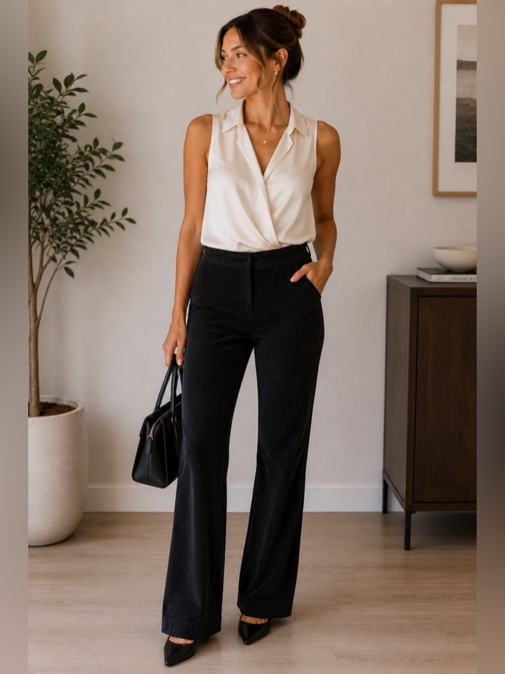 ZARA BASIC Black Corduroy Wide Leg Pants Size M High Rise Chic Minimalist